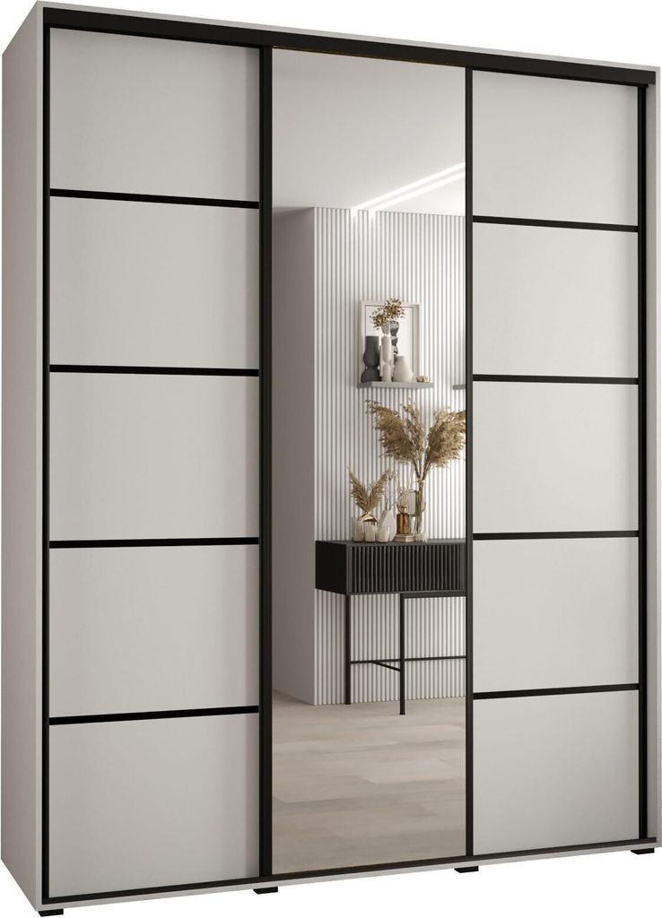 MEBLE KRYSPOL Cannes 5 Schrank mit 3 Schiebetüren - 205,2x190x45 cm - Weiß Weiß Schwarz