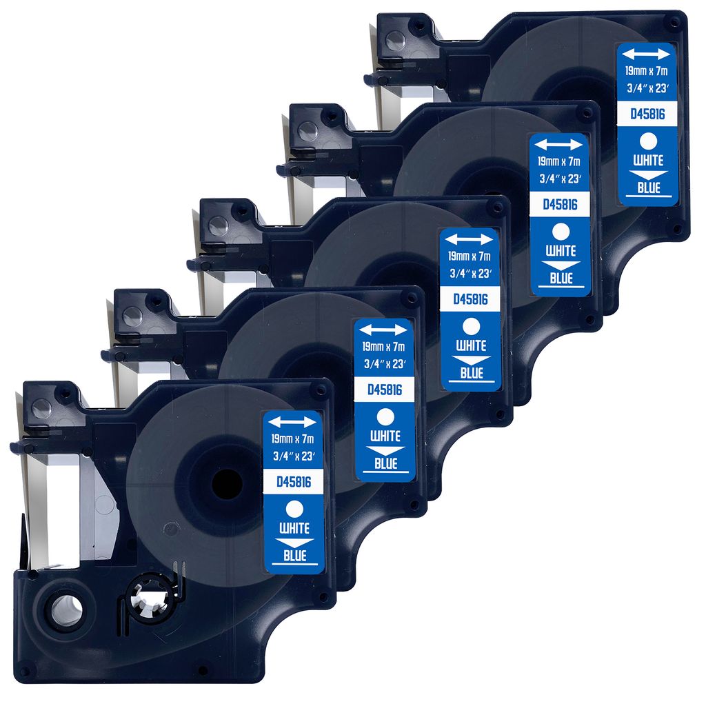 DULA Etikettenband - Kompatibel mit Dymo D1 45816 - 5 Stück - Weiß auf blau - 19mm x 7m