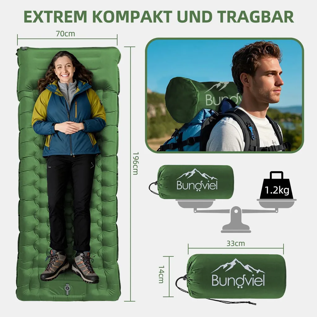 Matelas isolant de sol pour camping et trek - Format compact 12 cm Vert - 5