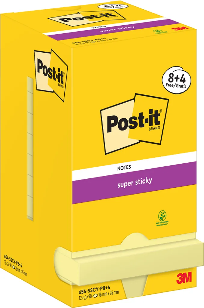 Notes adhésives extra fortes 76x76 mm jaune format économique de 12 blocs