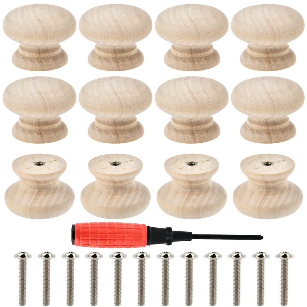 12 runde Holzmöbelknöpfe mit Schrauben, runde Holzgriffe für Schränke, Schubladen, Türen, Babyschränke, Wickeltische und Möbel (35 x 26 mm).