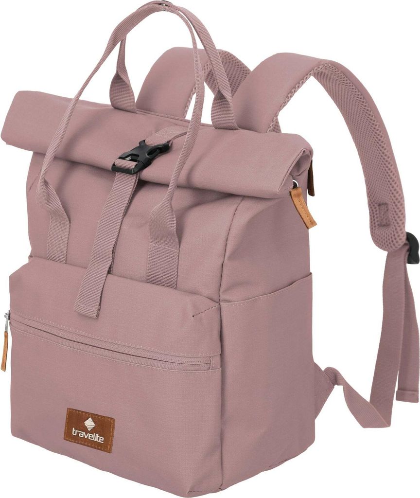 A pink backpack is shown from the front and side against a white background.