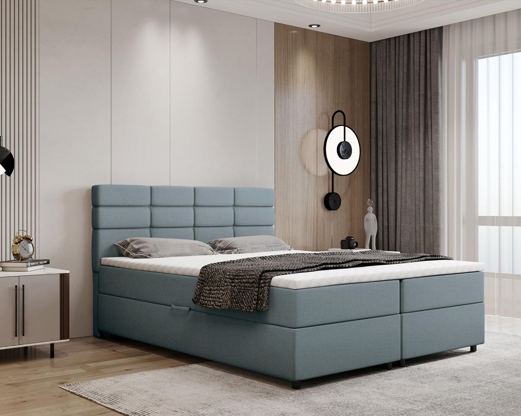 Boxspringbett 160x200, mit Bettkasten, Hellblau, Matratze und Topper, Doppelbett, REVE, Panda Möbel
