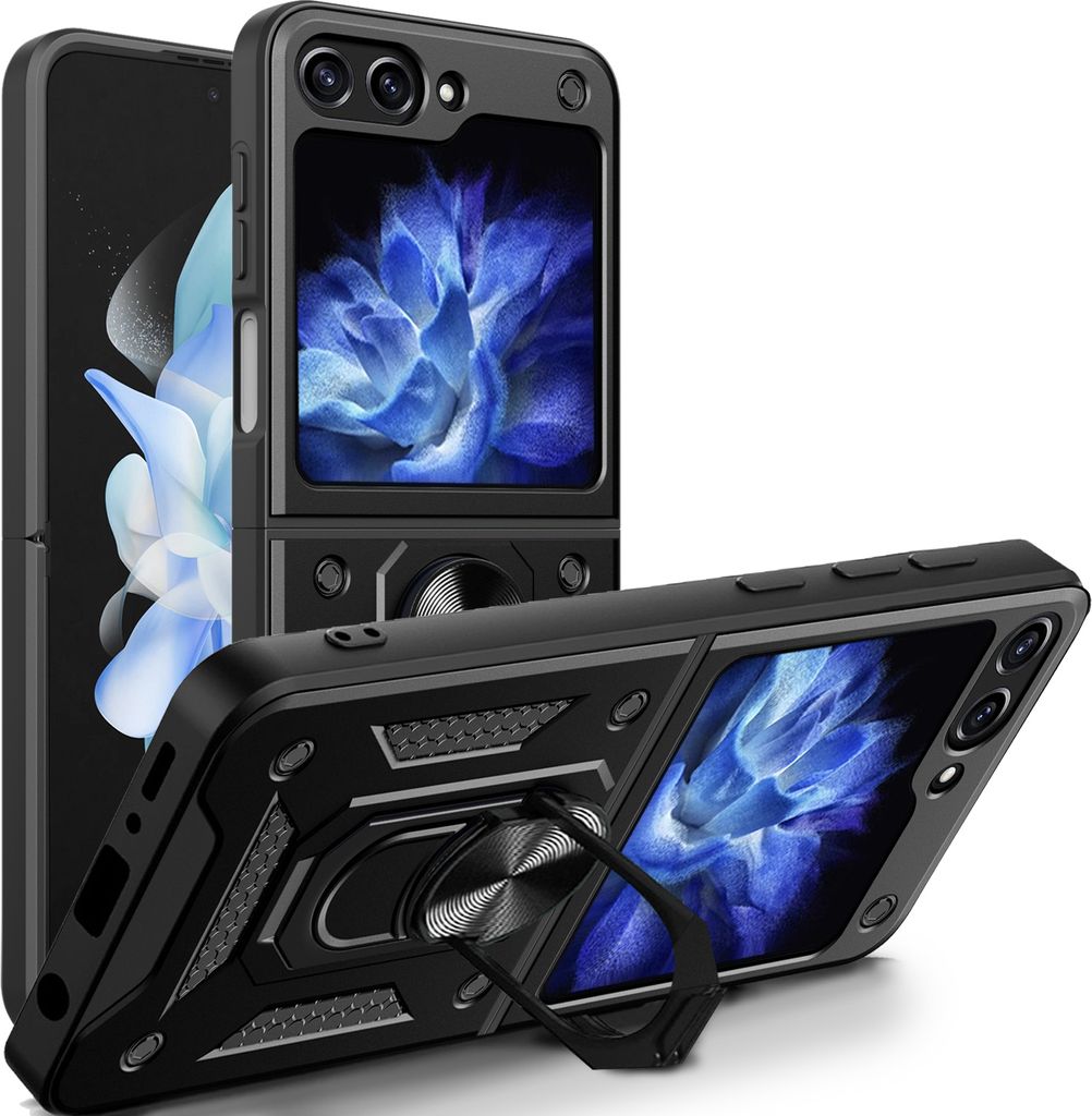 Outdoor Panzerhülle für Samsung Galaxy Z Flip 6 | Schutzhülle mit Kameraschutz Ringhalter Schwarz