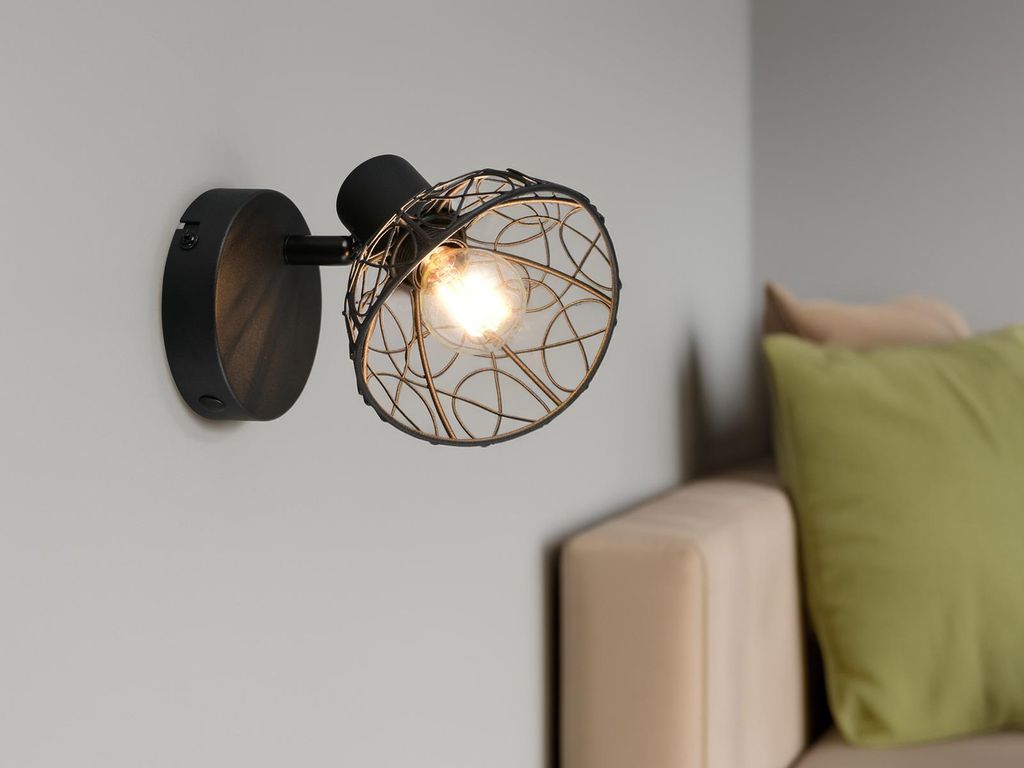 LED Wandstrahler Schwarz mit Drahtgeflecht Lampenschirm für Wohnzimmer, H: 14cm