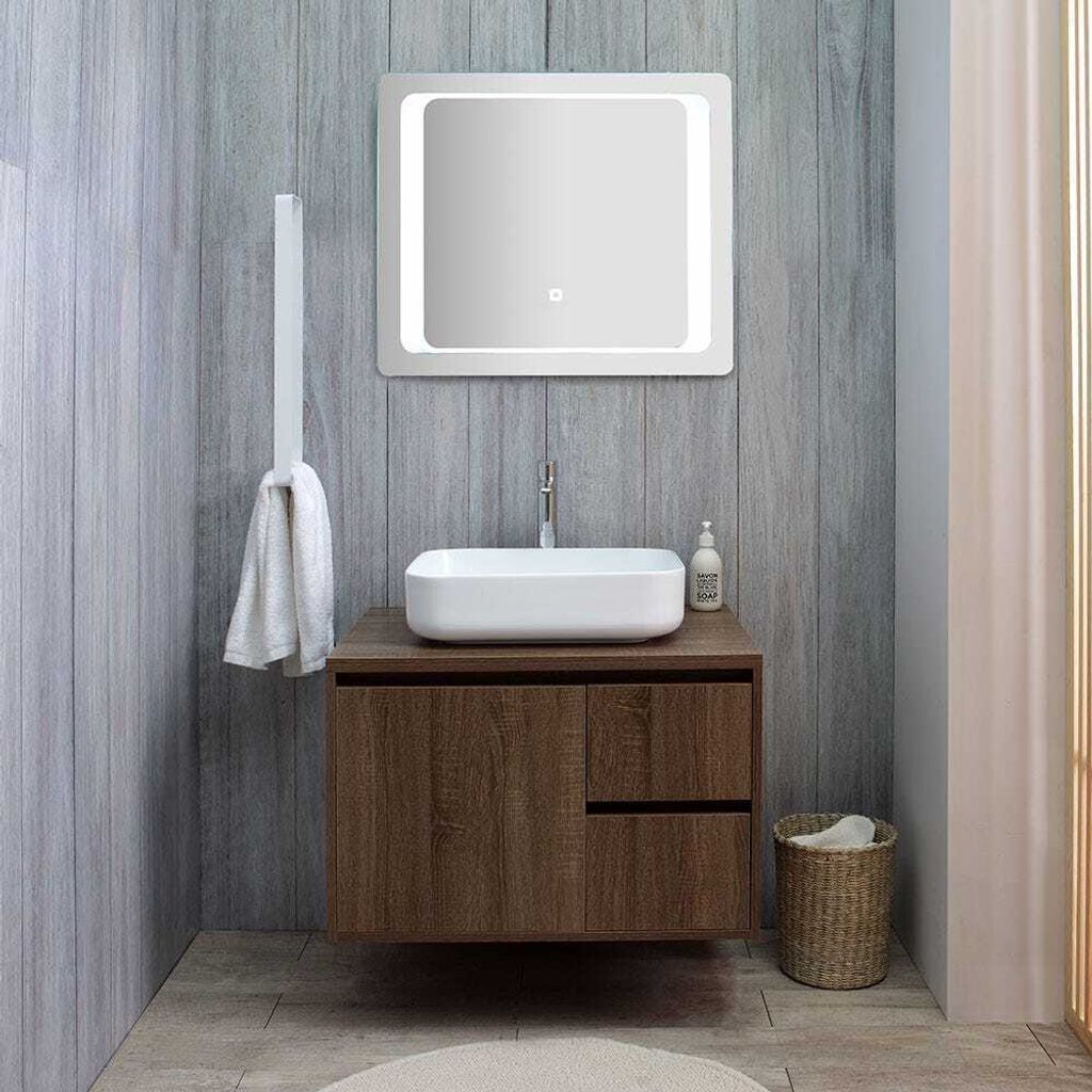 75 cm Möbelset für das Bad in dunkler Nussbaum-Holzoptik und LED-Spiegel | Siena