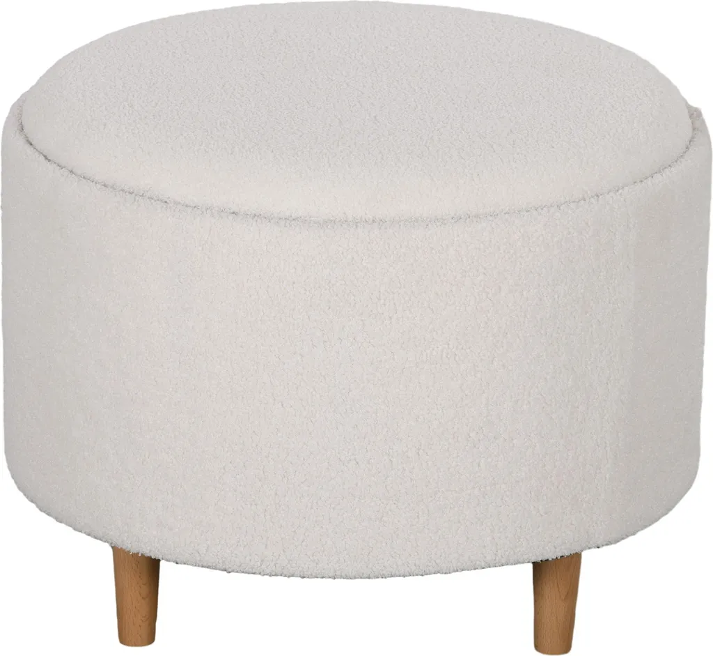 Fortuna Lai Pouf Ø56 x 42 cm, pouf imbottito rotondo con vano contenitore e coperchio ribaltabile, gambe in legno, ideale per soggiorno e camera da letto, bianco