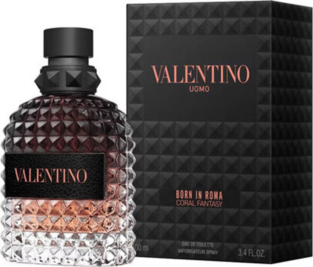 A bottle of Valentino Uomo Coral Fantasy Eau de Toilette and its packaging are displayed against a white background.