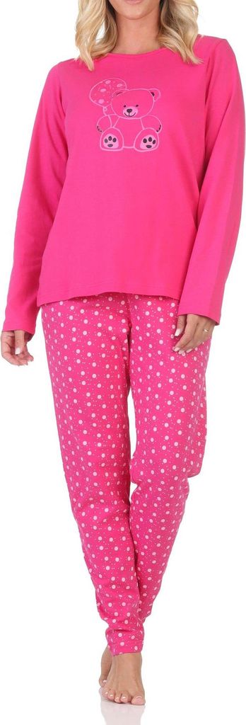 Niedlicher Normann Damen Pyjama Schlafanzug langarm mit süßem Teddy-Motiv und Punkten ; pink , 44