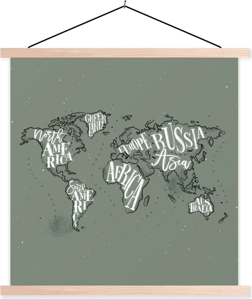 MuchoWow Textilposter Weltkarte - Grau - Weiß - Buchstaben 40x40 cm mit holzfarbenen Rahmen - Posterleiste