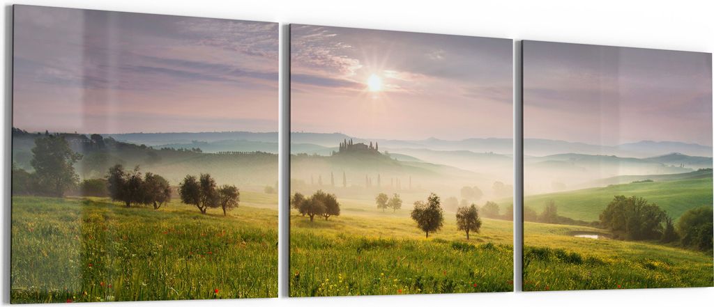 DEQORI Glasbild Echtglas 3x50x50 cm 'Idyllisches Morgenlicht' Wandbilder XXL groß