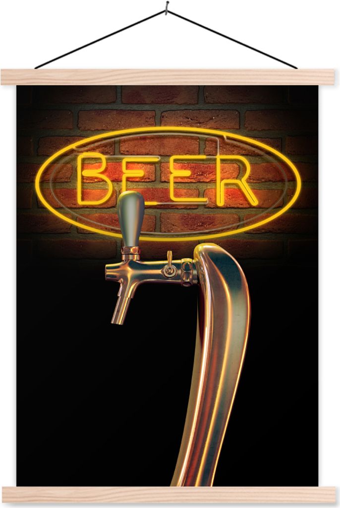 MuchoWow Textilposter Mancave - Bierpumpe - Neonbeleuchtung - Vintage 40x53 cm mit holzfarbenen Rahmen - Schlafzimmer