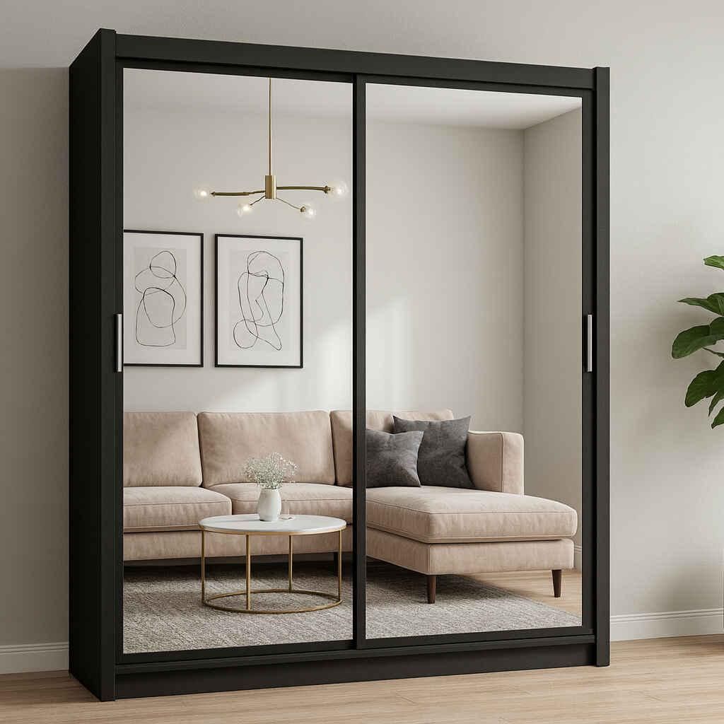 Kleiderschrank PARIS 160 cm Schiebetürenschrank mit Spiegel, Schwarz