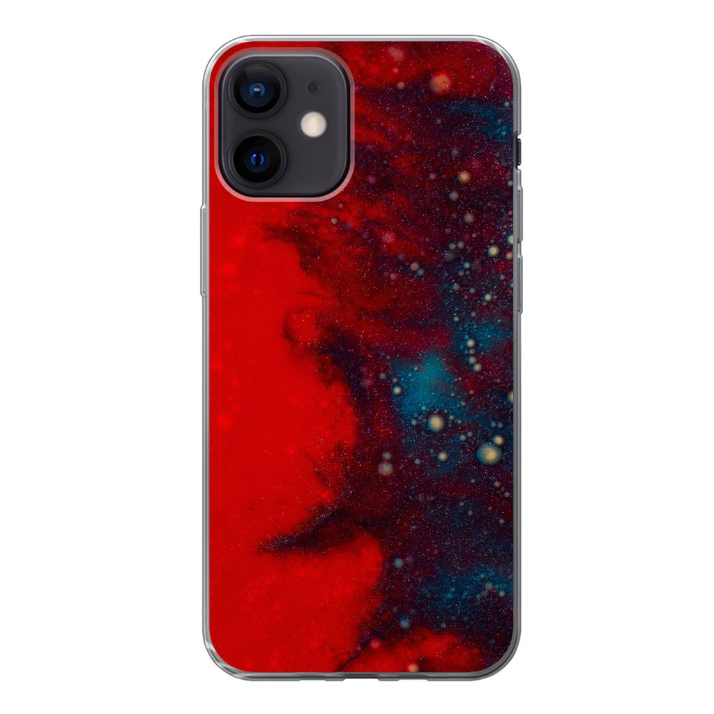 MuchoWow Handyhülle Schutzhülle Hülle für iPhone 12 Tinte - abstrakt - rot - blau Silikon Softcase Handy Hülle - Schutzhülle