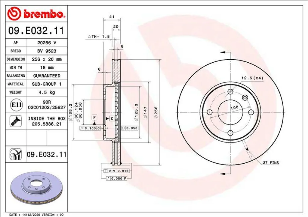 Stop vibrations freinage Opel Karl : Disque Brembo 09.E032.11 OE
