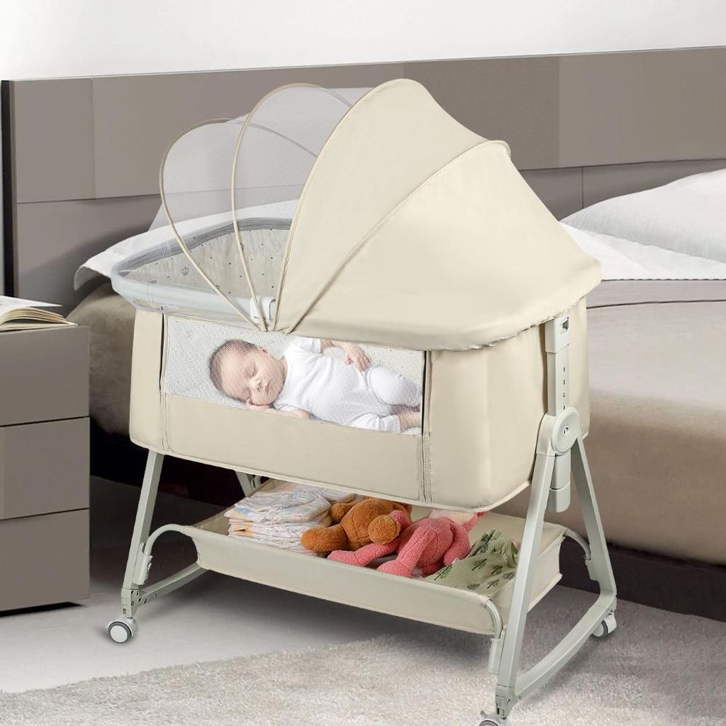 Beistellbett Baby,3 in 1 Reisebett Babybett,6 Fach Einstellbare Höhen mit Matratze,Faltbares Co-Sleeper,Stubenwagen Beistellbett für 0-6 Monate B...