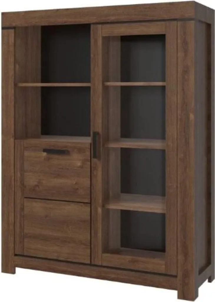 Vitrine d'exposition Brass finition laiton avec larges rayons de bois