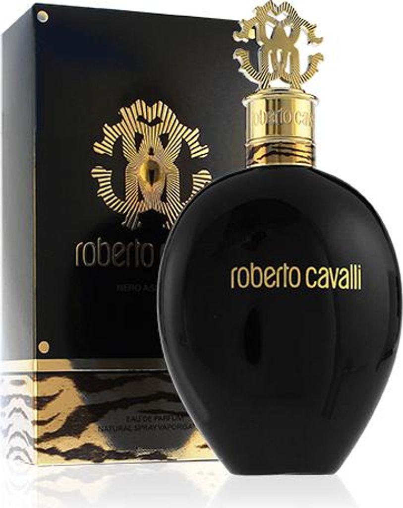A black perfume bottle with a gold cap and gold lettering, next to its black and gold patterned box.