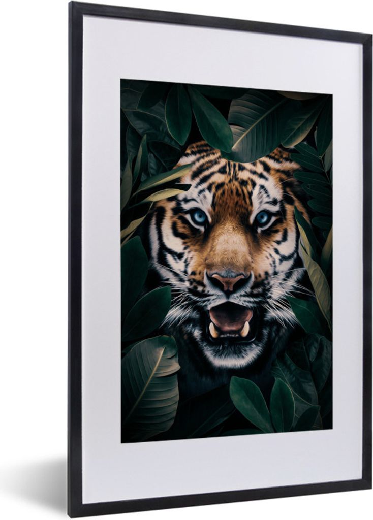 MuchoWow MuchoWow Gerahmtes Poster Tiger - Bäume - Blau 40x60 cm - Poster mit zchwarzem Bilderrahmen - Poster in Rahmen