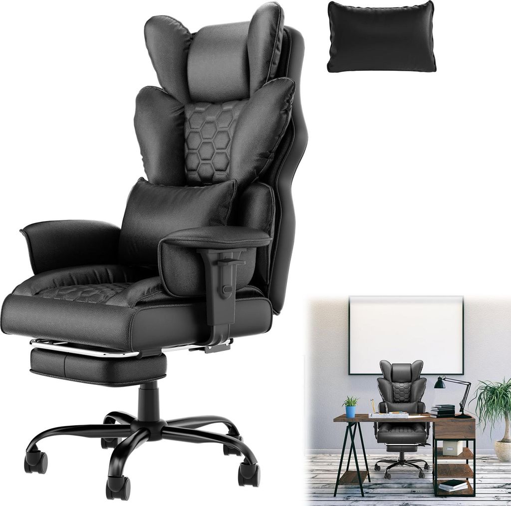A black ergonomic office chair with a footrest is shown against a white background. A smaller black pillow is also visible.