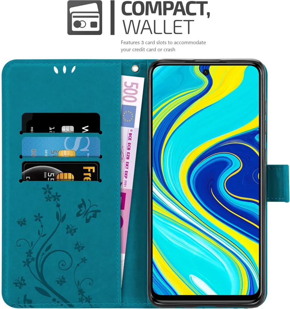 Cadorabo Custodia per Xiaomi RedMi NOTE 9 PRO / NOTE 9S in BLU FLOREALE Cover protettiva con design floreale con chiusura magnetica, funzione stand e slot per carte di credito Flip Case Flower Cover Etui Handy Klapp Hülle Book Tasche - 2