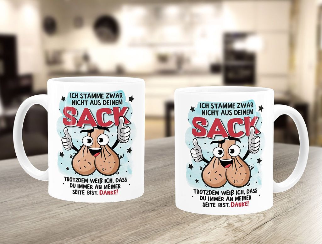 Kaffee-Tasse Geschenk für Bonus-Papa zum Vatertag Spruch lustig Stiefvater Ich stamme zwar nicht aus deinem Sack Moonworks weiß standard