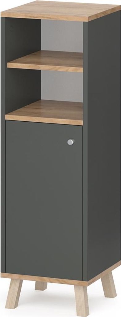 A tall, narrow cabinet with a door and open shelves, standing on four angled legs.