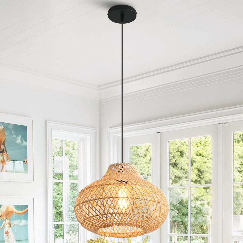 Parrot Uncle Rattan-Pendelleuchte, natürlicher Rattanschirm, höhenverstellbar, E27, 48 cm Durchmesser, für Esszimmer Wohnzimmer (Ohne Leuchtmittel)