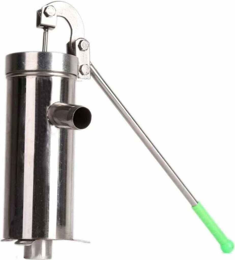 A stainless steel hand water pump with a green handle, shown against a white background.