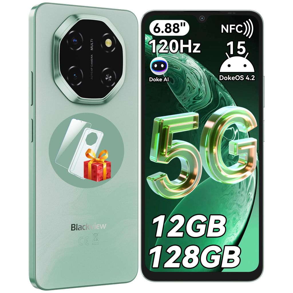 Blackview Shark 6 Handy 5G, 6,88“, 12GB(4+8GB)+128GB/2TBTF, Octa Core, AI Fotoalbum, Android 15, ohne vertrag, 5000mAh, Dual SIM, NFC, 120Hz, 18W