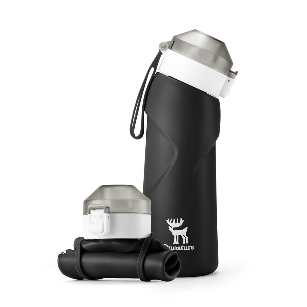 Qunature 700ml Faltbare Silikon-Wasserflaschen Rollbar Sport Outdoor Trinkflasche mit Tragegriff zum Wandern, Schule & Fitnessstudio, Schwarz