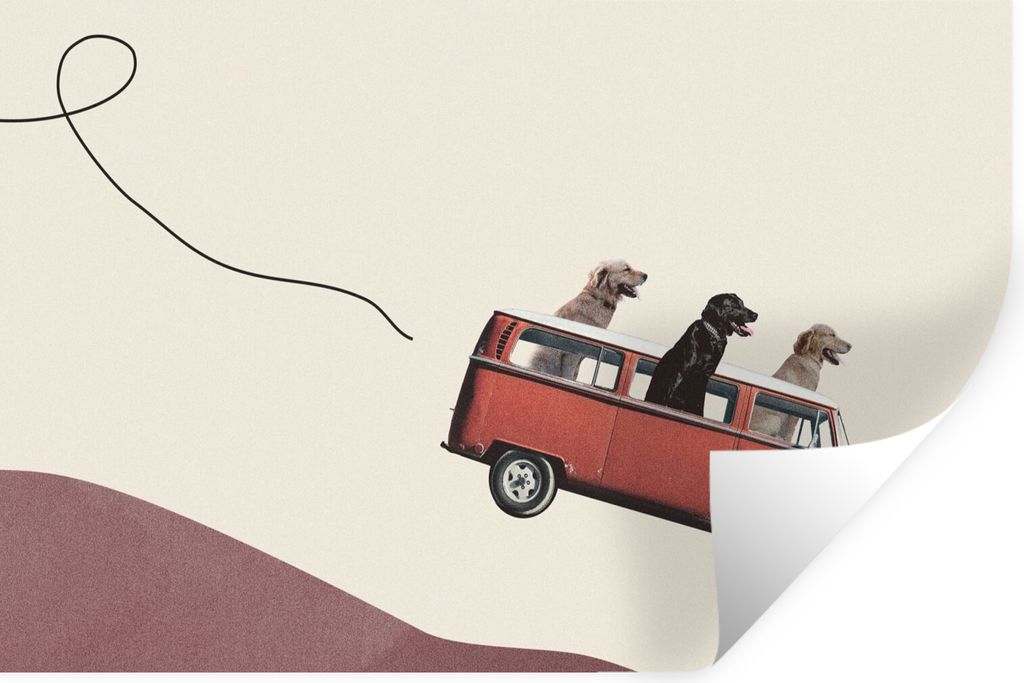 MuchoWow Wandtattoo Wandsticker Wandaufkleber Hund - Retro - Bus 60x40 cm Selbstklebend und Repositionierbar - Wierderverwendbar - Selbstklebend