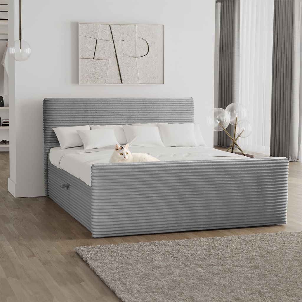 Kaiser Möbel Boxspringbett mit bettkasten und topper TRENTO stoff Plüsch Cord 140x200 cm Hellgrau H2-Pocket