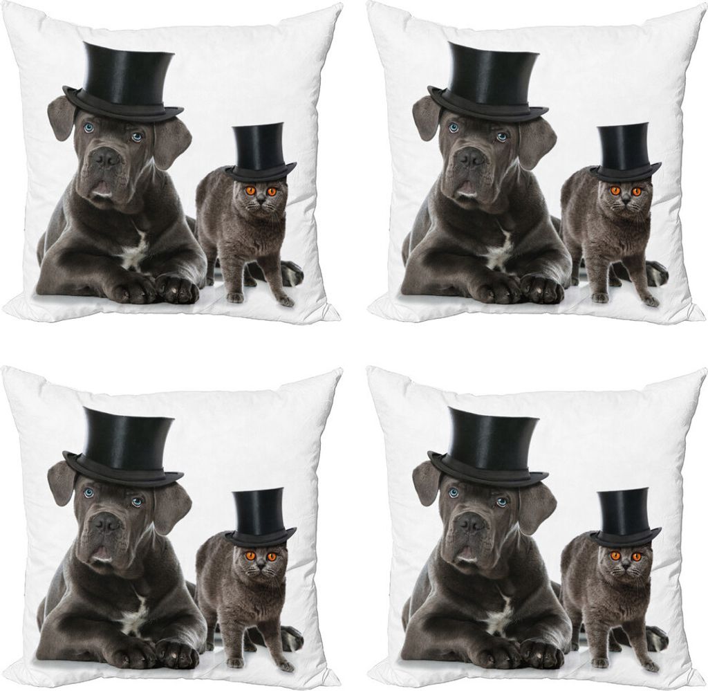 ABAKUHAUS Hund und Katze Kissenbezug Set (4 Stück), Haustiere in Magicians Hat, Moderner Doppelseitiger Digitaldruck, 40 cm x 40 cm, Grau Taupe Grau