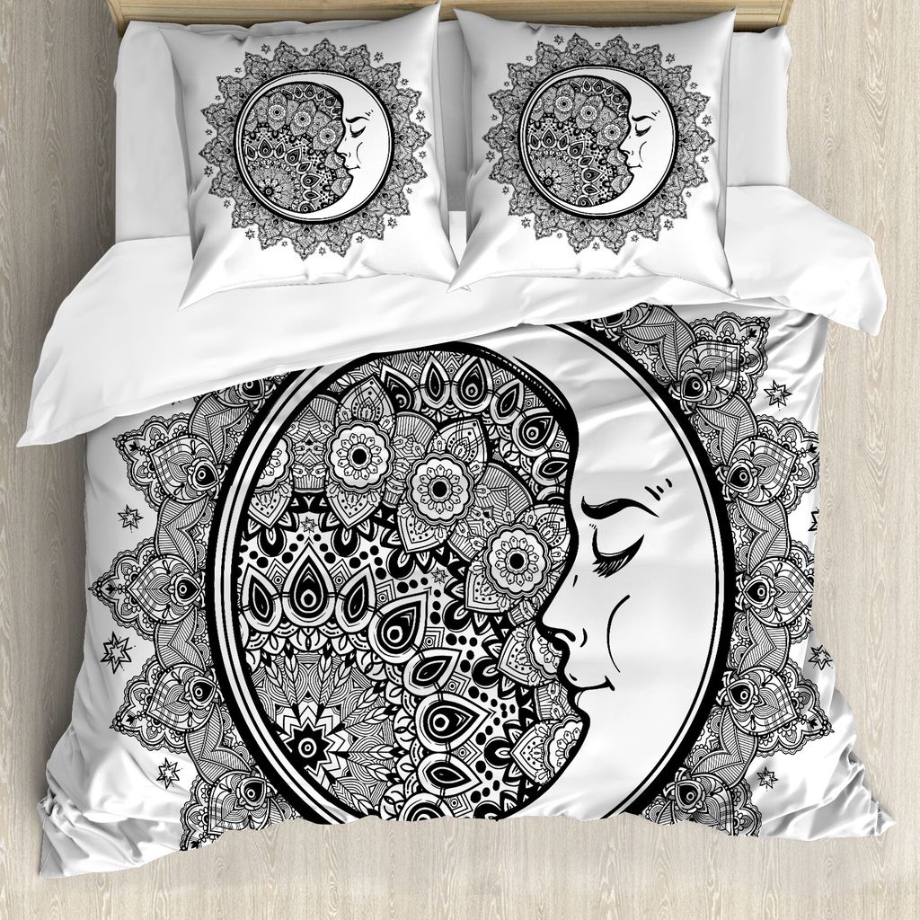 ABAKUHAUS Tierkreis Bettbezug, Mandala Mond Bohemian, Milbensicher Allergiker geeignet mit Kissenbezügen, 200 cm x 200 cm - 80 x 80 cm, Schwarz-Weiss