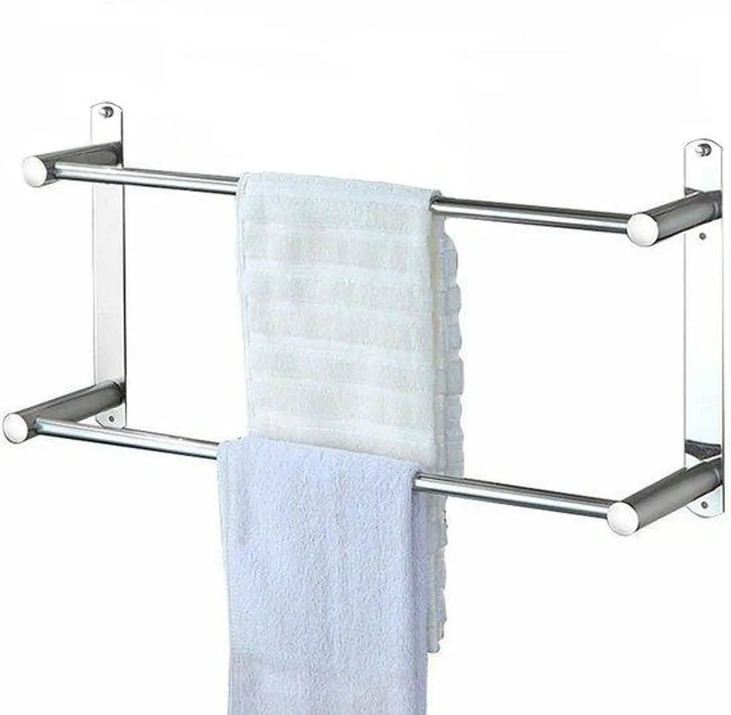 Rangement serviettes double sans trou 40 cm, fixation adhésive salle de bain