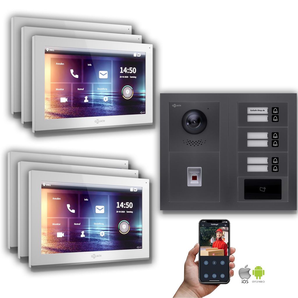 Goliath IP Video Türsprechanlage: 10-Zoll 6 Familienhaus, Fingerprint, RFID, Anthrazit : 10 Zoll Weiß : Aufputz Dose Monitor Farbe: 10 Zoll Wei...