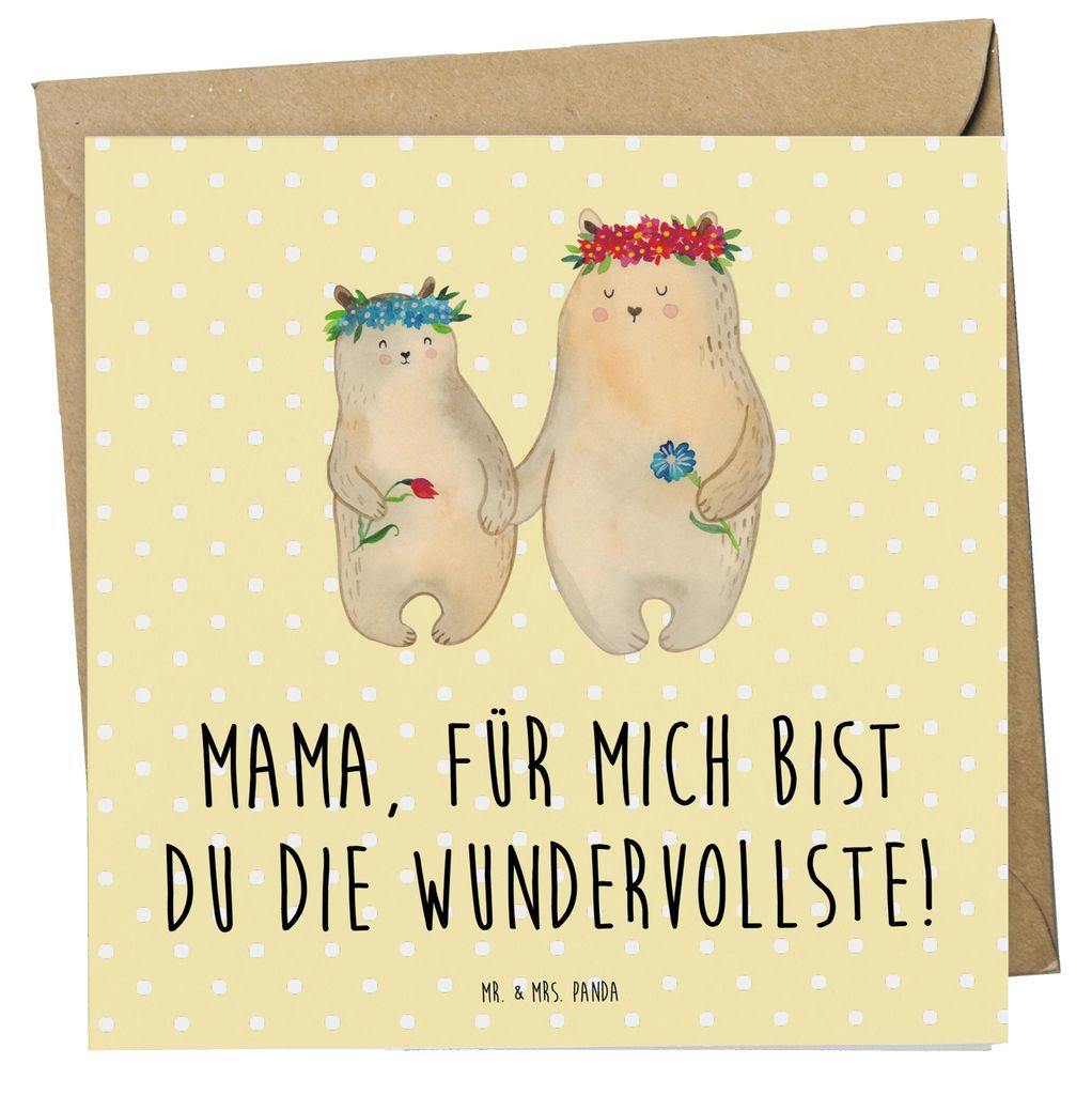 Mr. & Mrs. Panda Grußkarte Bären mit Blumenkranz - Gelb Pastell - Geschenk, Lieblingsmensch, doppelkarte, Kinder, Klappkarte, Mama, Glückwunschk...