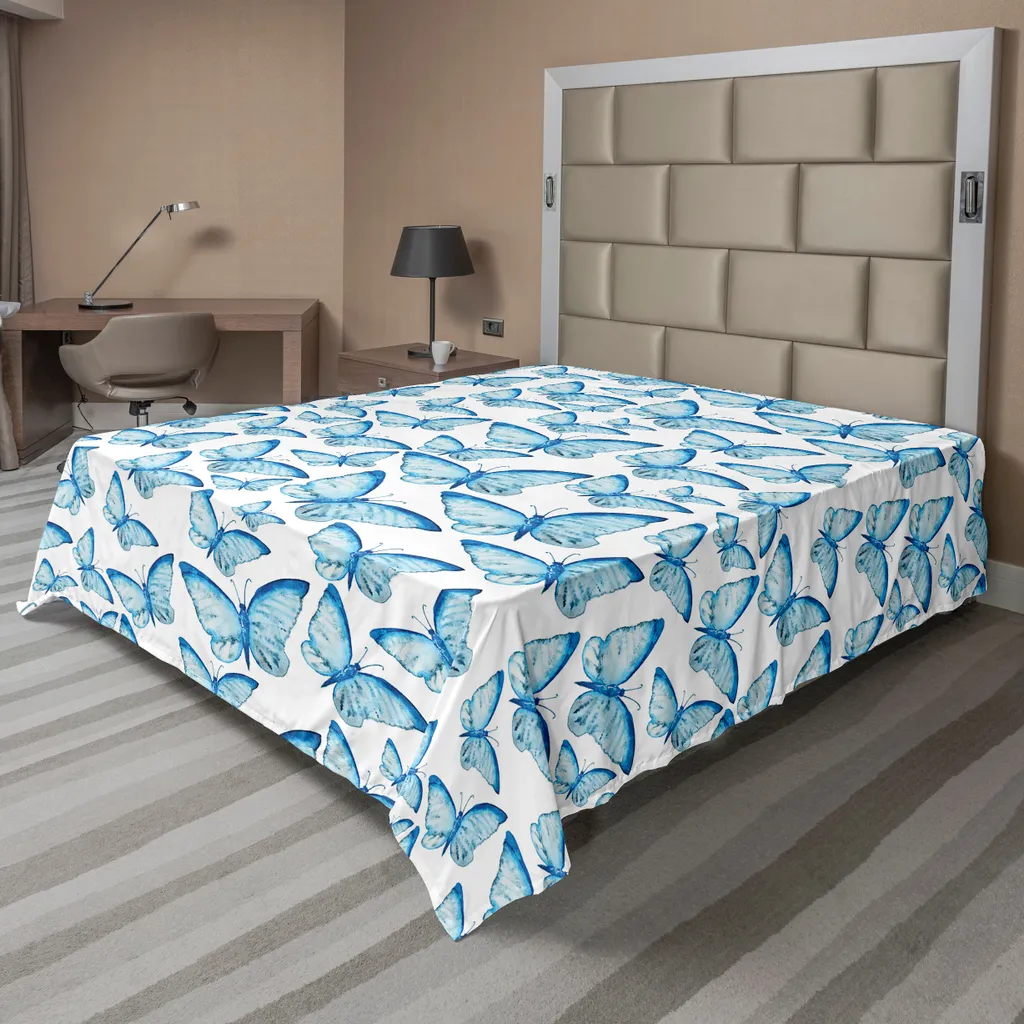 Drap de lit ABAKUHAUS Papillon Bleu et Blanc en 275x260 cm pour Grand Lit