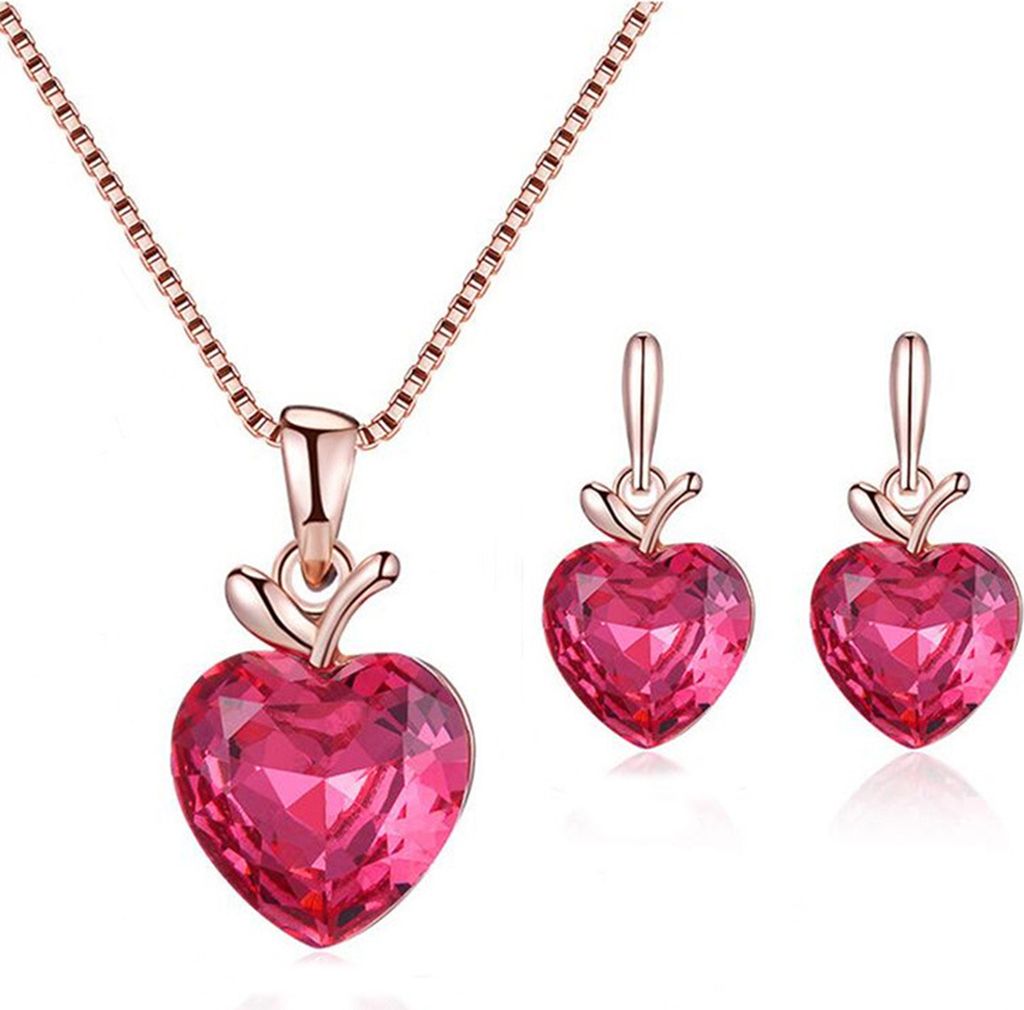 Set Braut Halskette Ohrringe Kit Rosa Strass Liebe Herz Anhänger Elegant Luxus Hypoallergen Frauen Mädchen Ohrstecker Hochzeit Schmuck Geschenk