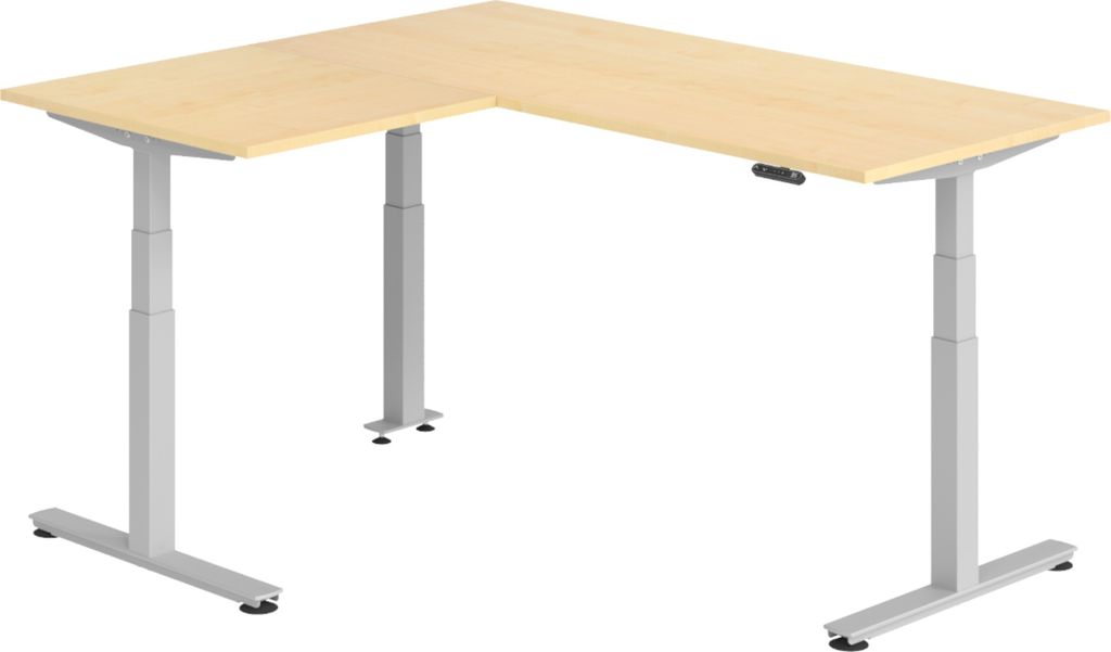 bümö Eckschreibtisch elektrisch höhenverstellbar L-Form - Nachbildung Ahorn, Gestell: Silber, Größe: Eckschreibtisch 180 x 160 cm