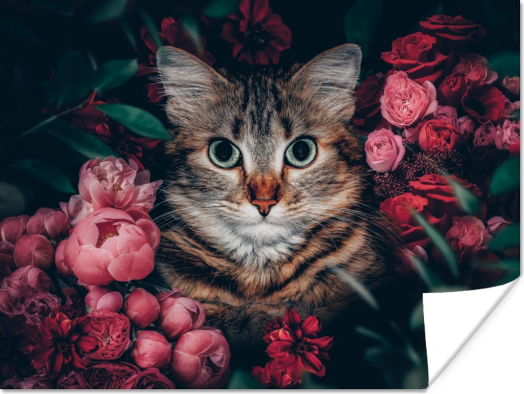 MuchoWow Poster Katze - Blumen - Blätter - Botanisch 120x90 cm - Wandbild