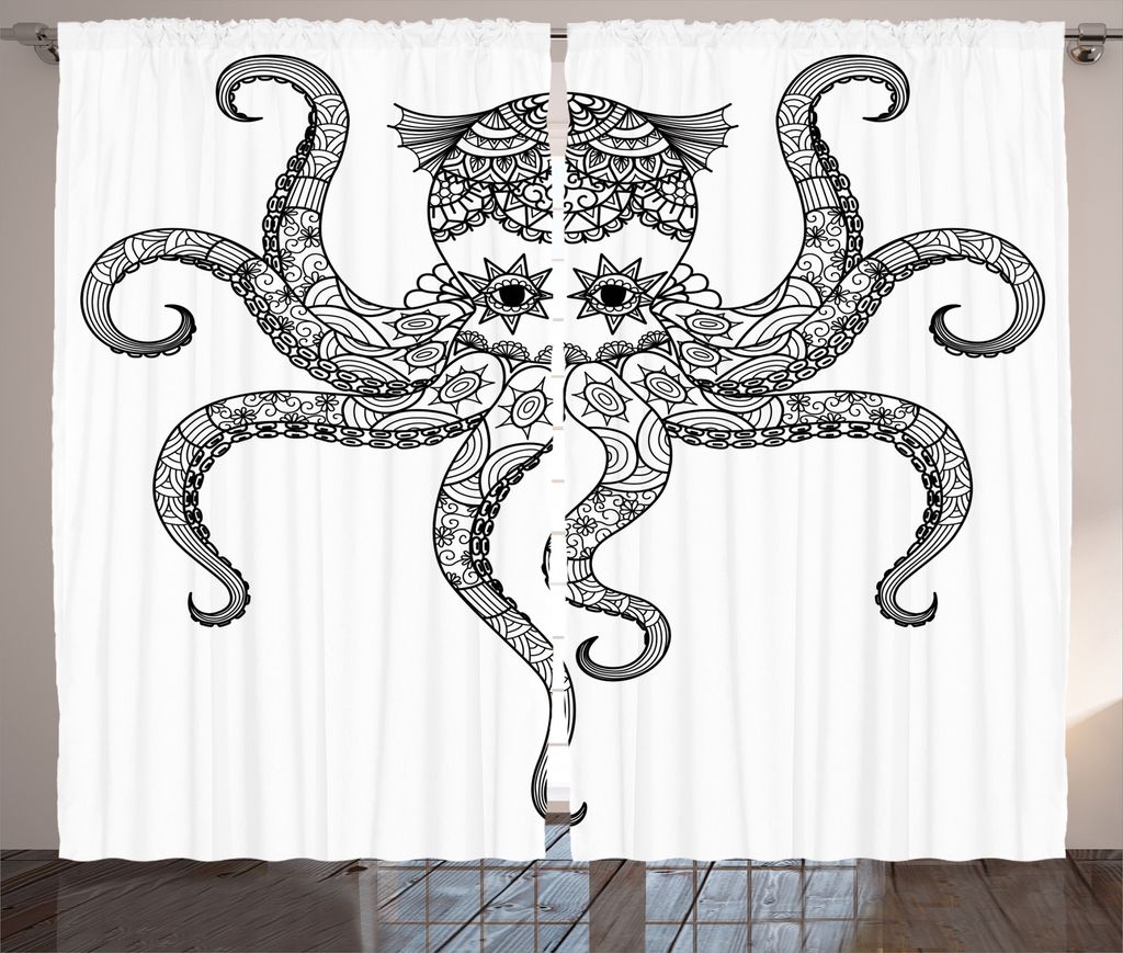 ABAKUHAUS Tintenfisch Rustikaler Vorhang, Mandala Ethnic, Wohnzimmer Universalband Gardinen mit Schlaufen und Haken, 280 x 175 cm, Weiß Schwarz