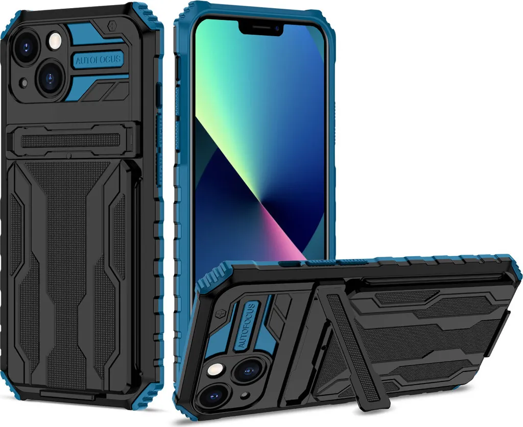 Custodia ENCASED Per IPhone 14 Plus Con Cinturino Anteriore E Pellicola Vetro Temperato Inclusa, Blu Foglia Oro
