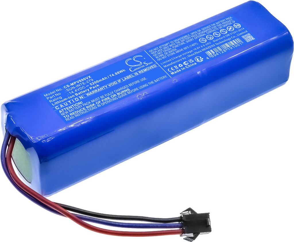 A blue lithium-ion battery pack with wires and a connector.