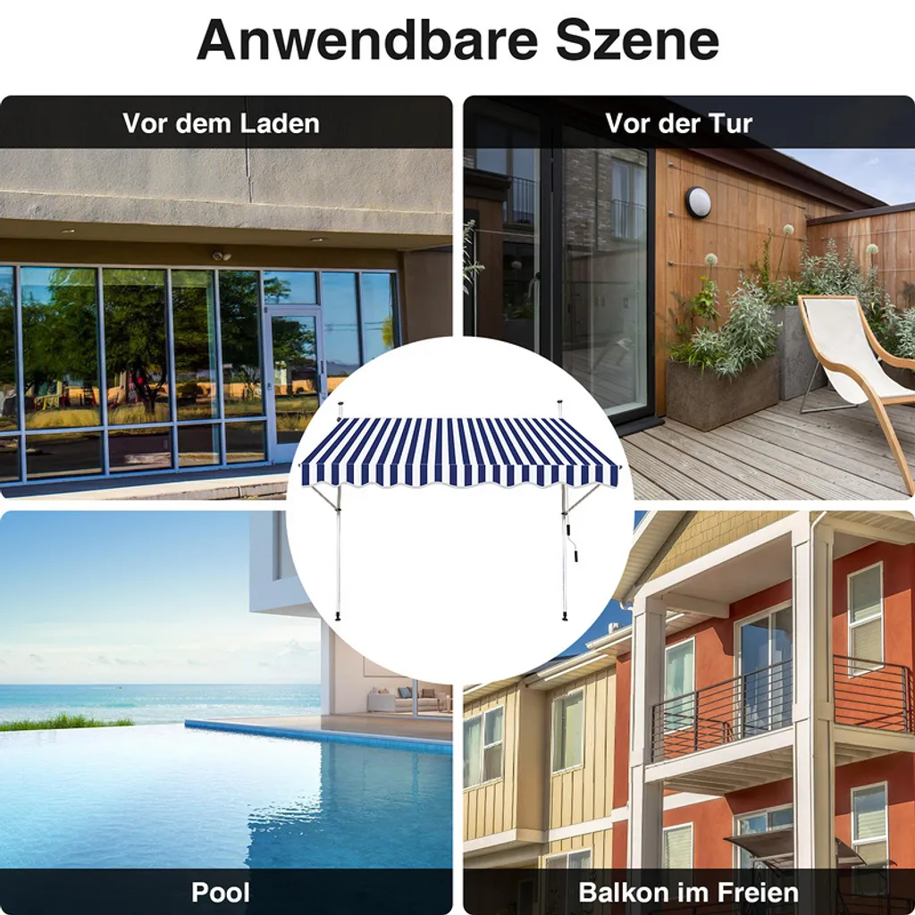 Yakimz Tenda da sole a manovella Tenda da sole a protezione della finestra Tenda da sole retrattile idrorepellente Tende da sole blu e bianche 2M - 5
