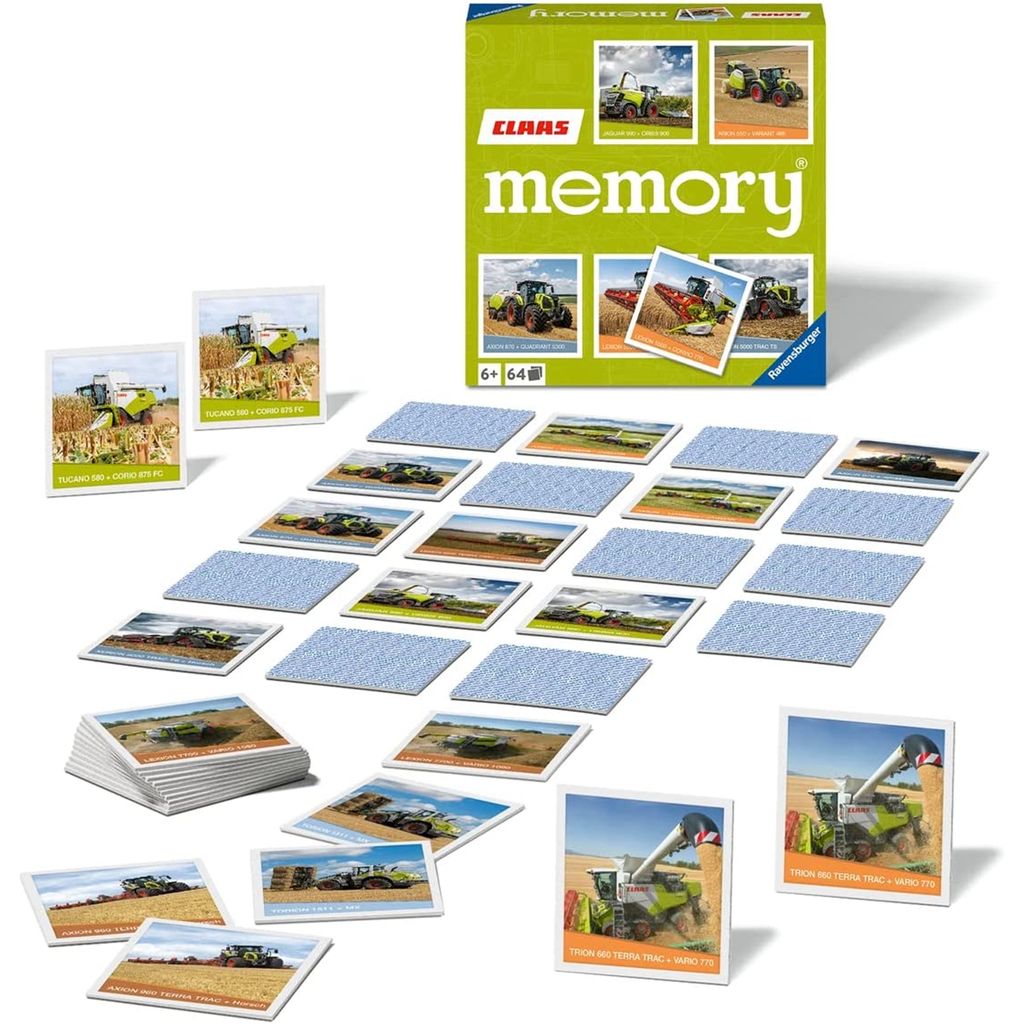 A memory game with CLAAS combine harvesters and tractors on the cards, laid out with the game box.