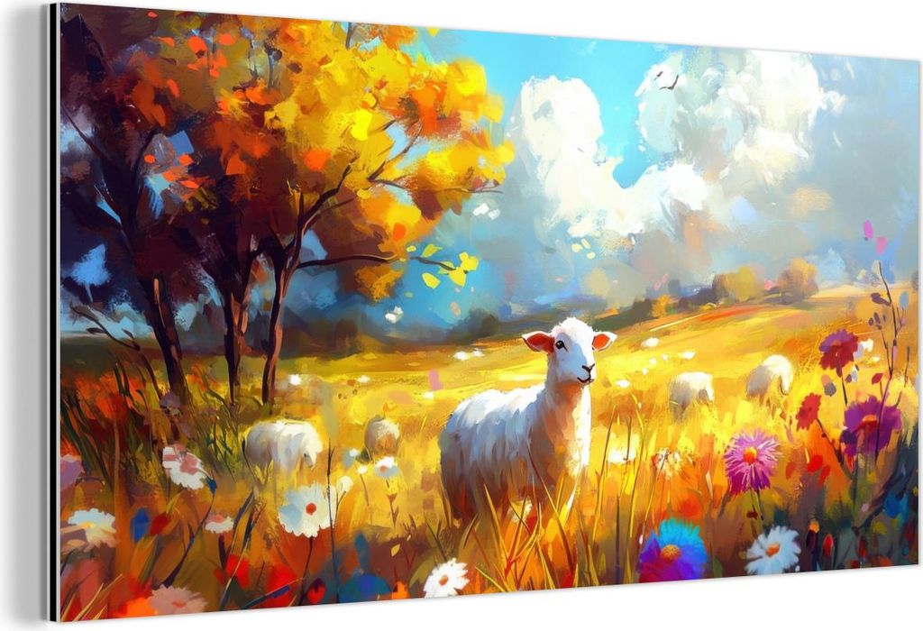 MuchoWow Wanddekoration Metall Metallbild Wandkunst 120x60 cm Schafe - Wiese - Blumen MuchoWow Aluminium Gemälde - Metalbilder