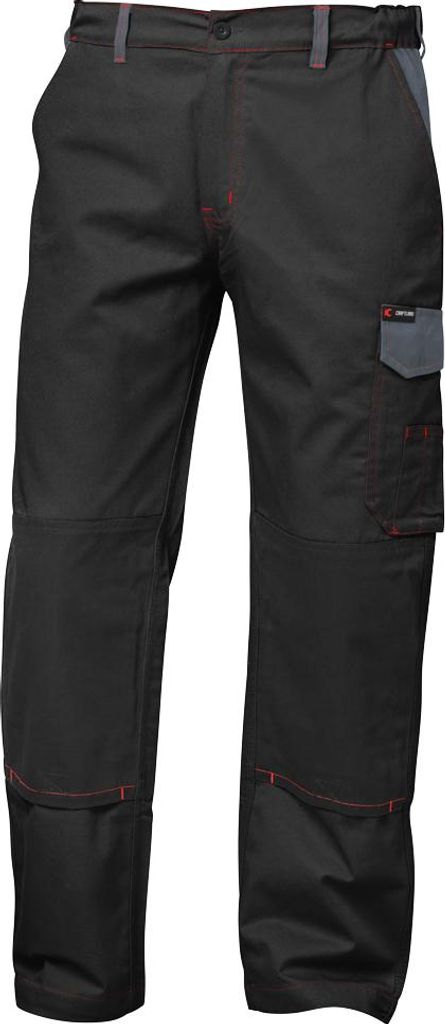 A pair of black work pants with gray accents and red stitching.