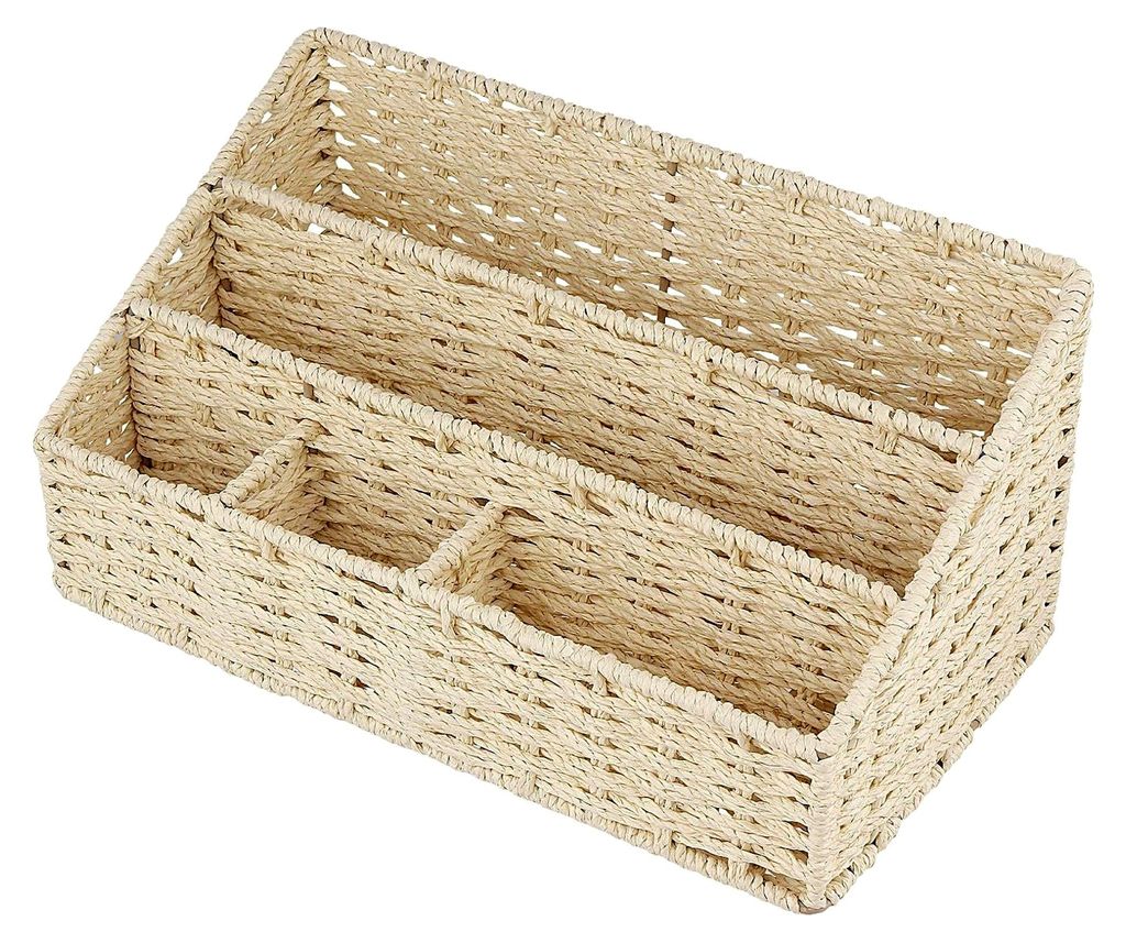 Schreibtischorganizer mit 5 Fächern, handgeflochten, Aufbewahrungsbox für Bürobedarf, Umschläge, Notizzettel 33x18x15,5 cm, Beige